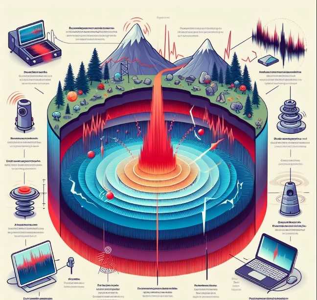 Gráfico explicativo de un terremoto, mostrando las placas tectónicas y las ondas sísmicas